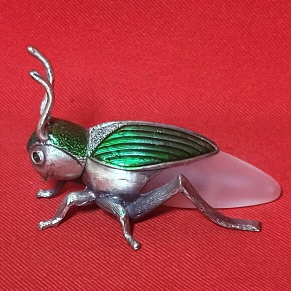 Decorative Scarab Beetle Metallic Silver Colored Body Green Textured Back - Picture 2 of 10